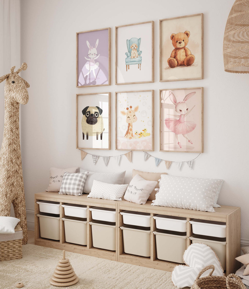 Niedliche Tier poster · Geschenkidee · Teddy, Hase, Mops, Giraffe und Welpe · Dekoprint ohne Rahmen