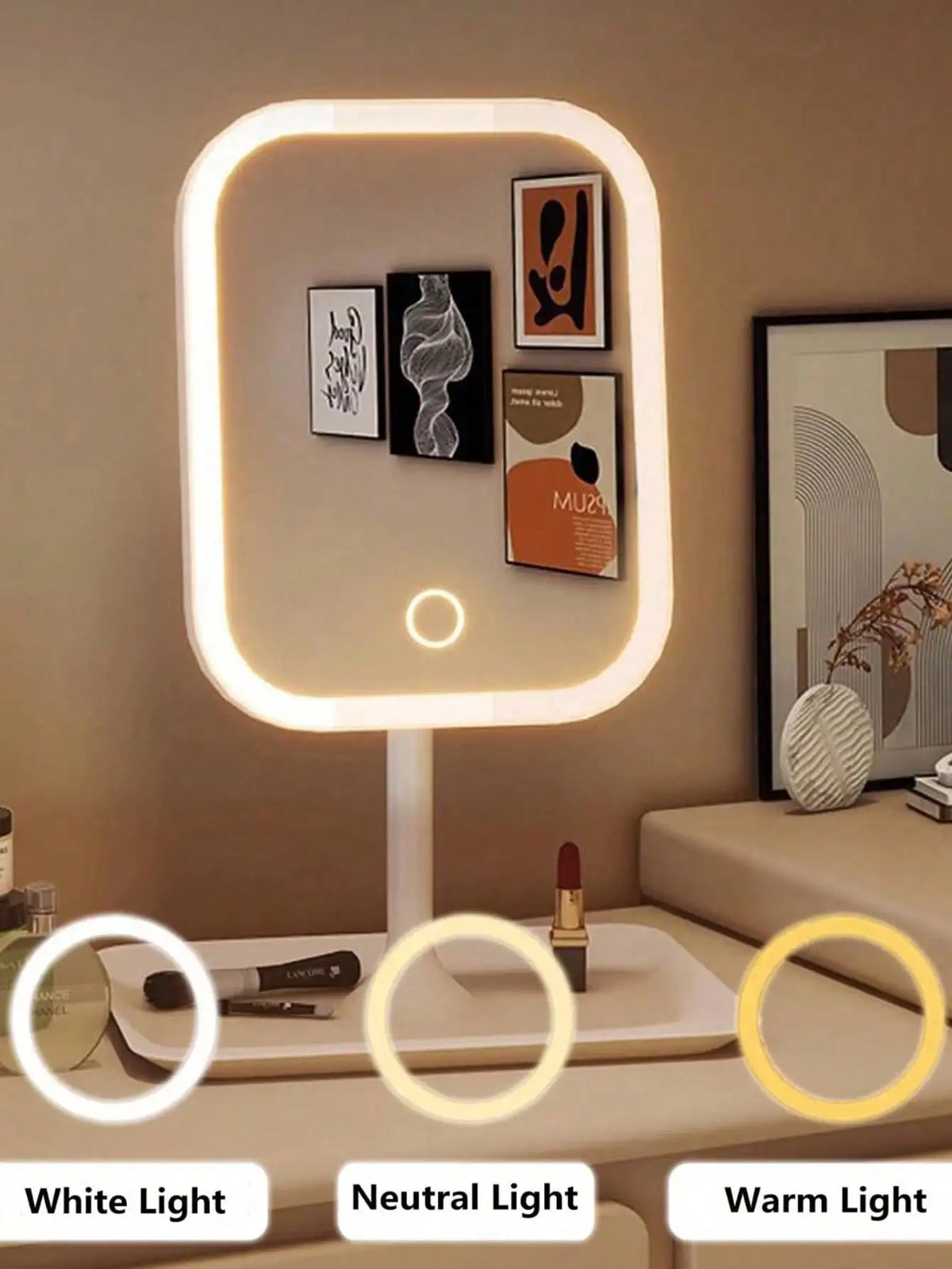 LED Grima Spogulis ar 3 Gaismas Režīmiem - Skārienjūtīgs, USB Uzlādējams | PUREHOME