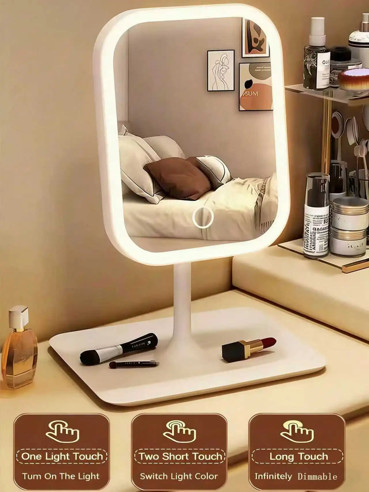 LED Grima Spogulis ar 3 Gaismas Režīmiem - Skārienjūtīgs, USB Uzlādējams | PUREHOME