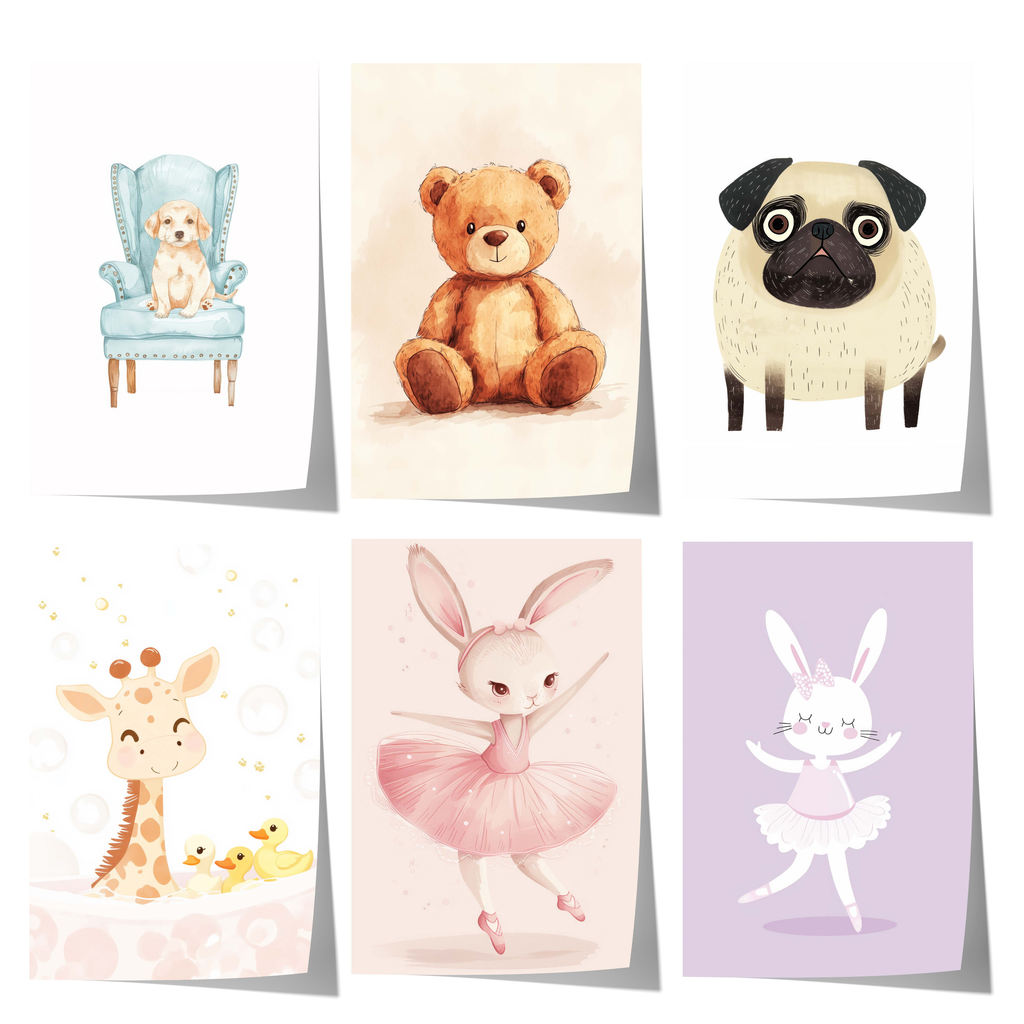 Niedliche Tier poster · Geschenkidee · Teddy, Hase, Mops, Giraffe und Welpe · Dekoprint ohne Rahmen